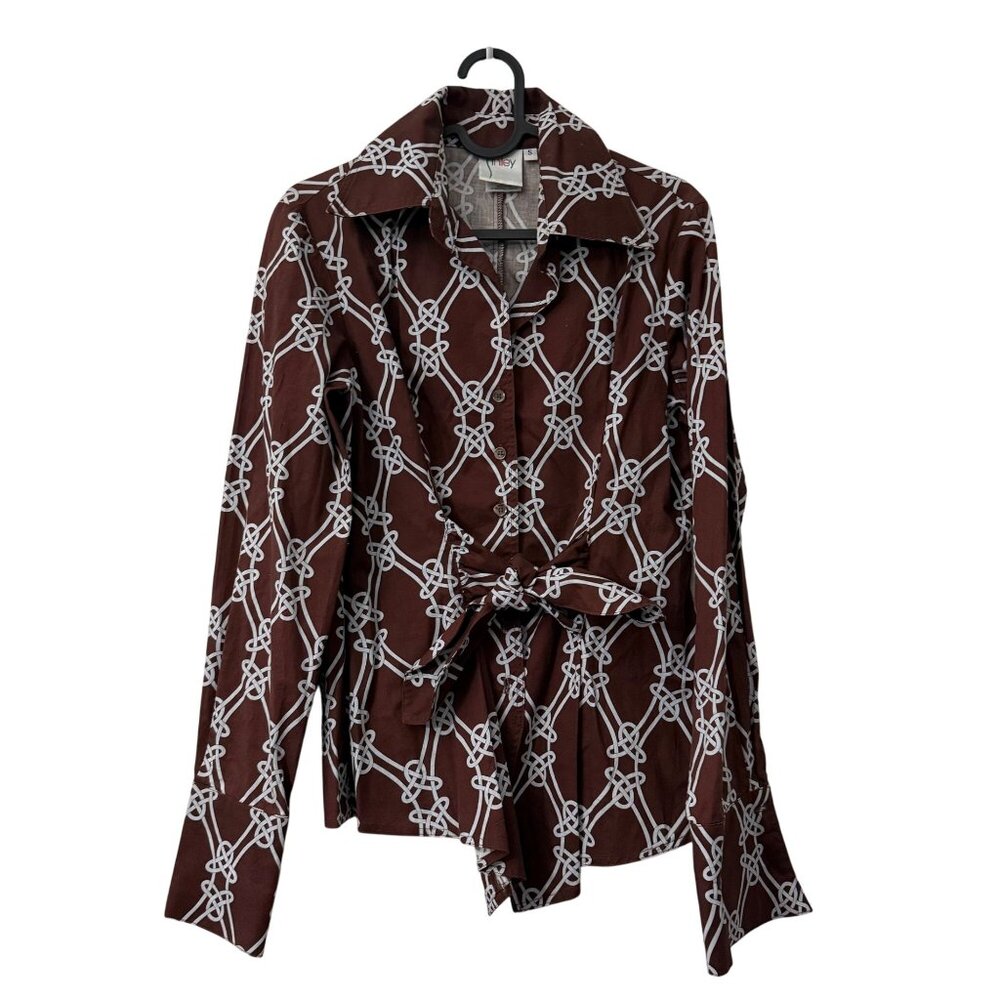 Finley Sandy French Knot Brown Waist Tie Long Sleeve Button Shirt Womens Small